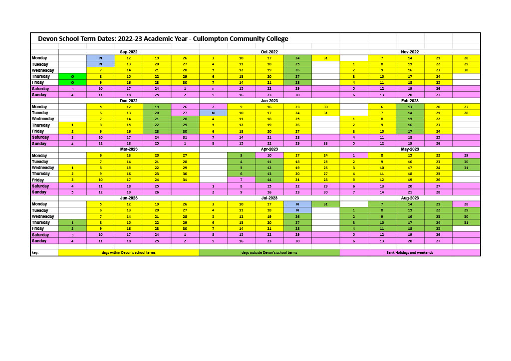 Ccc Academic Calendar 2022 2023 School Hours And Term Dates | Cullompton Community College